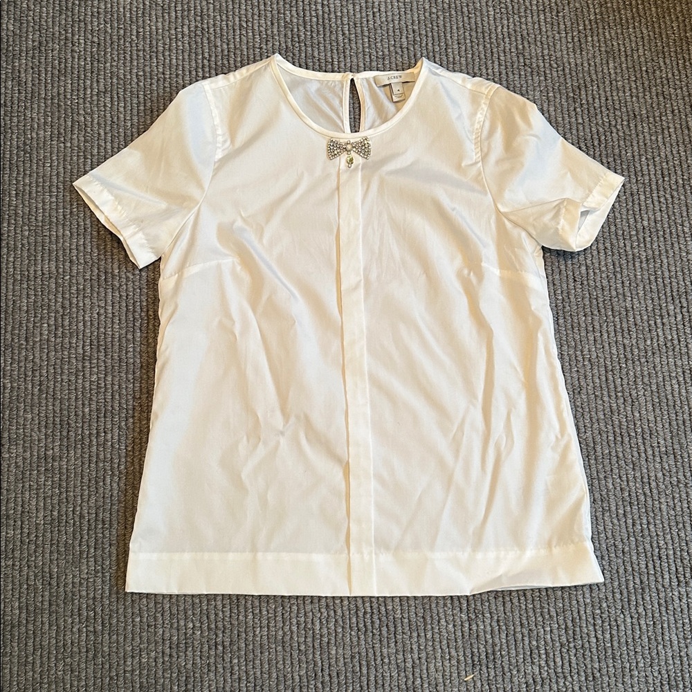J. Crew Short-sleeve Blouse with Embellished Bow, White, Size 4